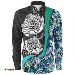 Australia Warratah Goanna Aboriginal Long Sleeve Button Shirt - Waratah Flowers With Blue Lizards, Stones, Sand Dot Art Painting Inspired Long Sleeve Button Shirt