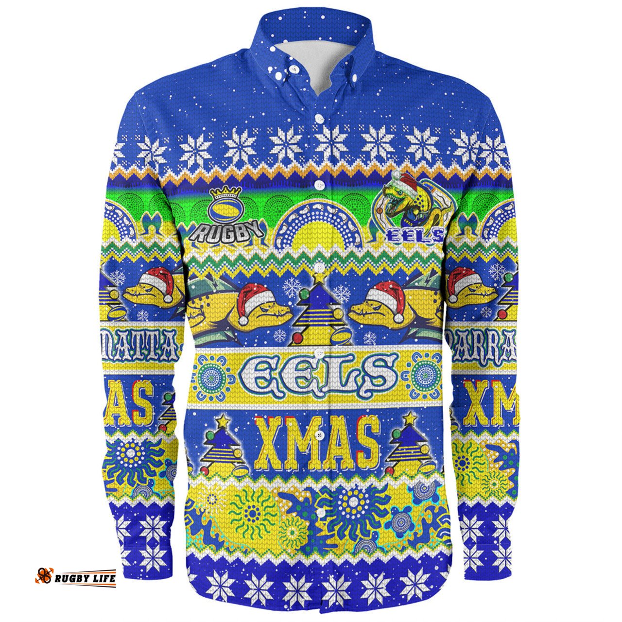 Parramatta Eels Christmas Aboriginal Custom Long Sleeve Button Shirt - Indigenous Knitted Ugly Xmas Style Long Sleeve Button Shirt