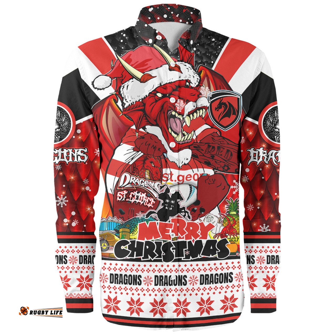 St. George Illawarra Dragons Christmas Custom Long Sleeve Button Shirt - Dragons Santa Aussie Big Things Long Sleeve Button Shirt