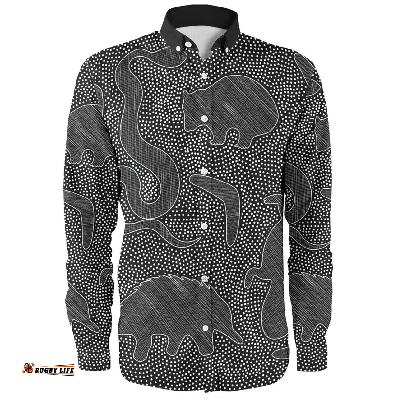 Australia Dot Painting Inspired Aboriginal Long Sleeve Button Shirt - Aboriginal Dot Grey Art With Animals Long Sleeve Button Shirt