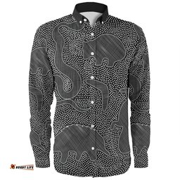 Australia Dot Painting Inspired Aboriginal Long Sleeve Button Shirt - Aboriginal Dot Grey Art With Animals Long Sleeve Button Shirt