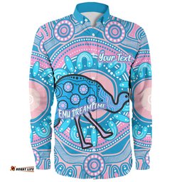 Australia Emu Aboriginal Custom Long Sleeve Button Shirt - Blue Indigenous Dreamtime Emu Long Sleeve Button Shirt