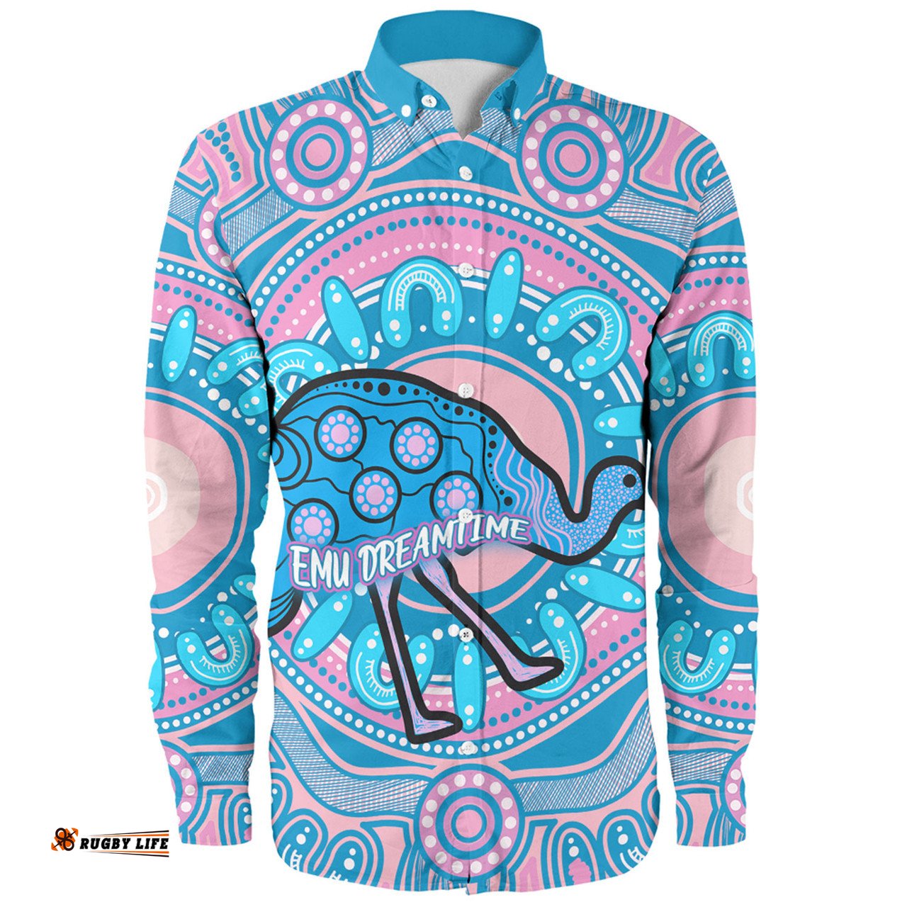 Australia Emu Aboriginal Custom Long Sleeve Button Shirt - Blue Indigenous Dreamtime Emu Long Sleeve Button Shirt