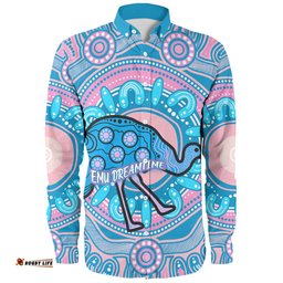 Australia Emu Aboriginal Custom Long Sleeve Button Shirt - Blue Indigenous Dreamtime Emu Long Sleeve Button Shirt