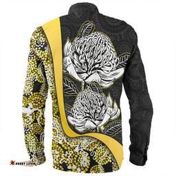 Australia Warratah Goanna Aboriginal Long Sleeve Button Shirt - Waratah Flowers With Yellow Lizards, Stones, Sand Dot Art Painting Inspired Long Sleeve Button Shirt