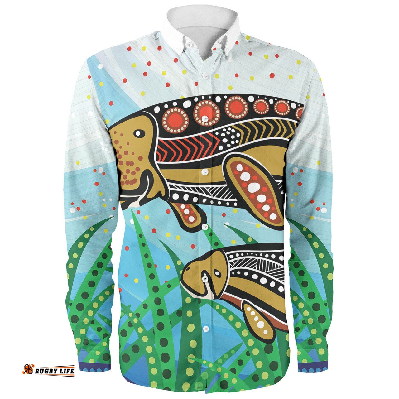 Australia Aboriginal Long Sleeve Button Shirts - Dugong Aboriginal Artwork With Mother And Baby
 Long Sleeve Button Shirts