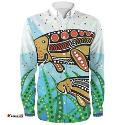 Australia Aboriginal Long Sleeve Button Shirts - Dugong Aboriginal Artwork With Mother And Baby
 Long Sleeve Button Shirts