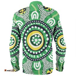 Australia Dot Painting Inspired Aboriginal Long Sleeve Button Shirt - Green Aboriginal Inspired Dot Art Long Sleeve Button Shirt