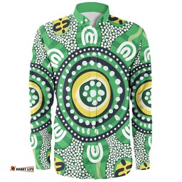 Australia Dot Painting Inspired Aboriginal Long Sleeve Button Shirt - Green Aboriginal Inspired Dot Art Long Sleeve Button Shirt