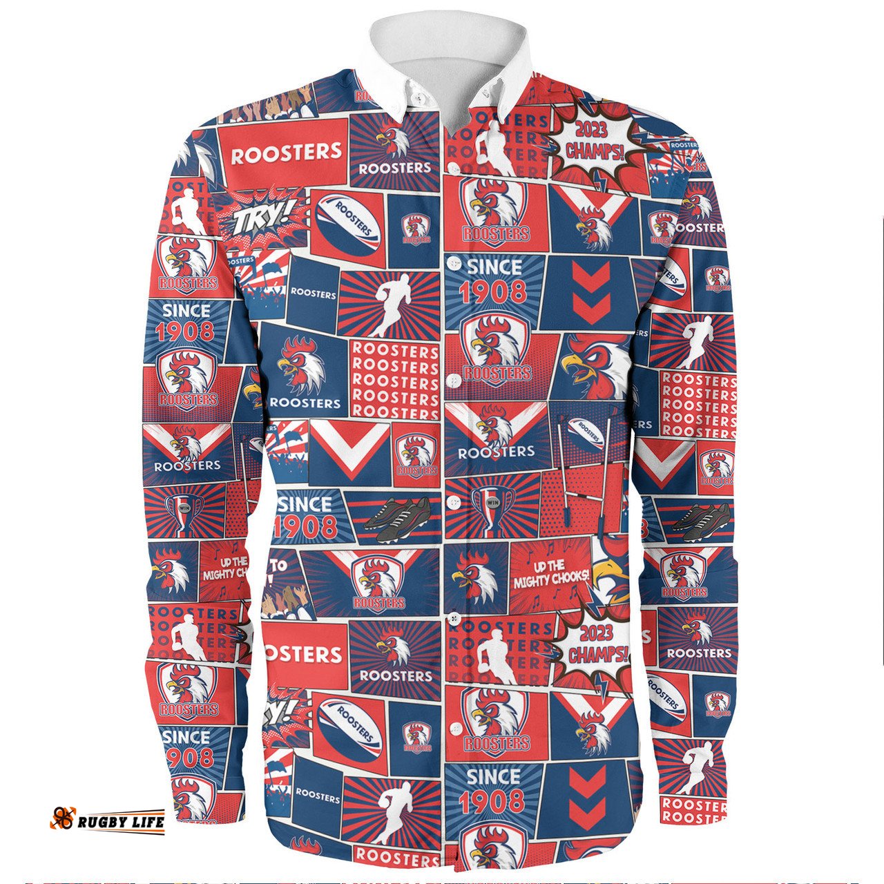 Sydney Roosters Long Sleeve Button Shirt - Team Of Us Die Hard Fan Supporters Comic Style