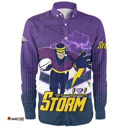 Melbourne Storm Long Sleeve Button Shirt - Melbourne Storm Mascot With Australia Flag