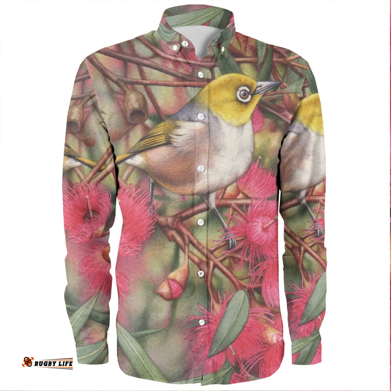 Australia Silvereye Long Sleeve Button Shirts - Silvereye and Gum Blossom Long Sleeve Button Shirts