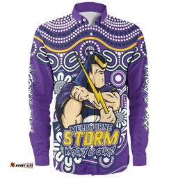 Melbourne Storm Long Sleeve Button Shirt Aboriginal Inspired Tough Fan Rugby For Life