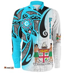 Australia South Sea Islanders Long Sleeve Button Shirt - Fiji With Polynesian Tapa Patterns And Coat Of Arms Symbol Long Sleeve Button Shirt