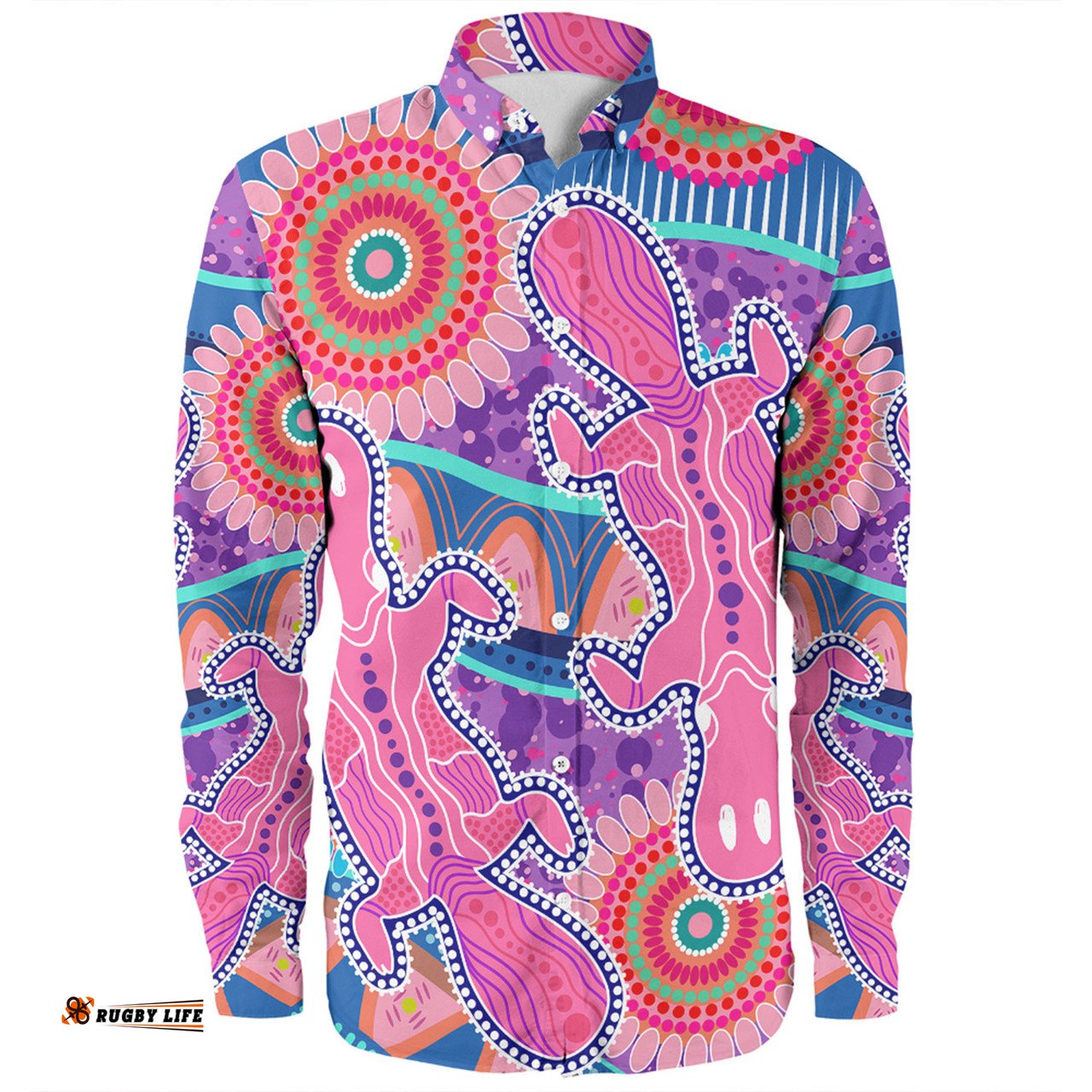 Australia Platypus Aboriginal Long Sleeve Button Shirt - Pink Platypus With Aboriginal Art Dot Painting Patterns Inspired Long Sleeve Button Shirt