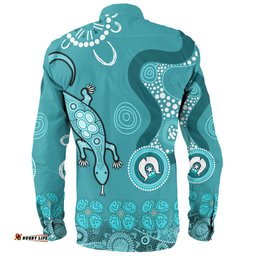 Australia Goanna Aboriginal Long Sleeve Button Shirt - Indigenous Dot Goanna (Teal Blue) Long Sleeve Button Shirt