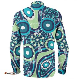 Australia Aboriginal Long Sleeve Button Shirt - Blue Aboriginal Dot Art Inspired Long Sleeve Button Shirt