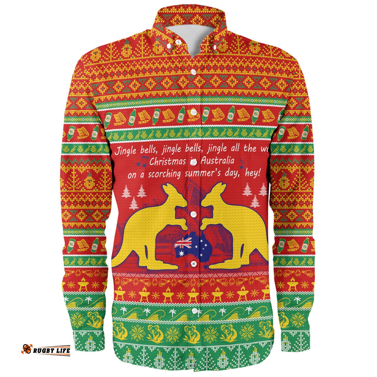 Australian Christmas Carol Christmas Long Sleeve Button Shirt - Jingle Bells Ugly Style V2 Long Sleeve Button Shirt