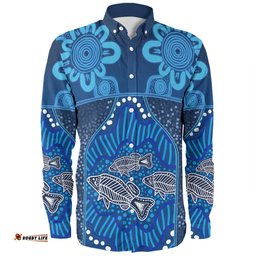 Australia Aboriginal Custom Long Sleeve Button Shirt - Blue Aboriginal Dot With Fish Personalised Photo Long Sleeve Button Shirt