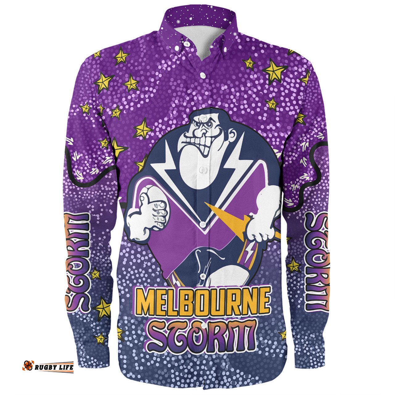 Melbourne Storm Custom Long Sleeve Button Shirt - Team With Dot And Star Patterns For Tough Fan Long Sleeve Button Shirt