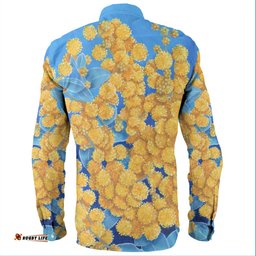 Australia Golden Wattle Long Sleeve Button Shirts - Golden Wattle Blue Background Oil Painting Art Long Sleeve Button Shirts