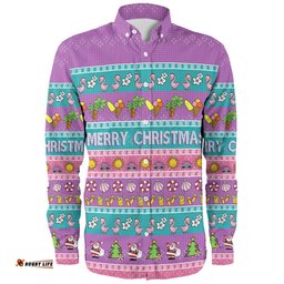 Australia Christmas Custom Long Sleeve Button Shirt - Aussie Christmas Flamingo Summer Vibes Purple Long Sleeve Button Shirt
