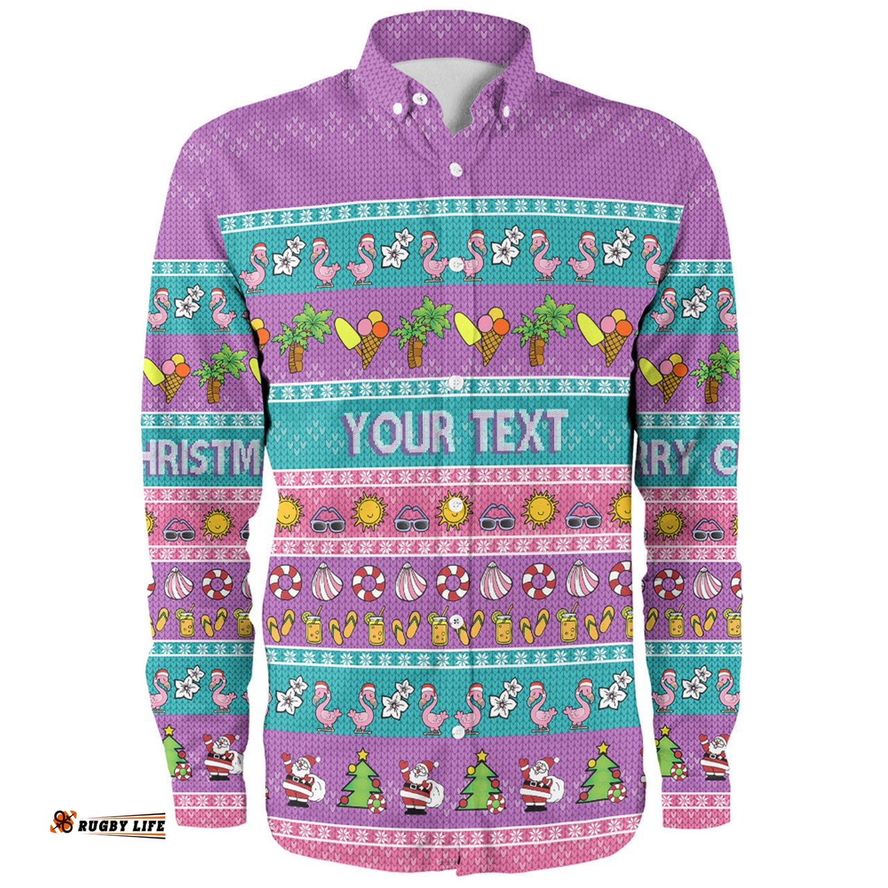 Australia Christmas Custom Long Sleeve Button Shirt - Aussie Christmas Flamingo Summer Vibes Purple Long Sleeve Button Shirt
