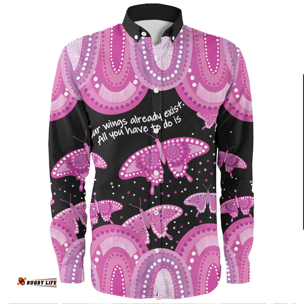 Australia Long Sleeve Button Shirt - Aboriginal Pink Butterflies Art Inspired