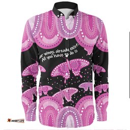 Australia Long Sleeve Button Shirt - Aboriginal Pink Butterflies Art Inspired