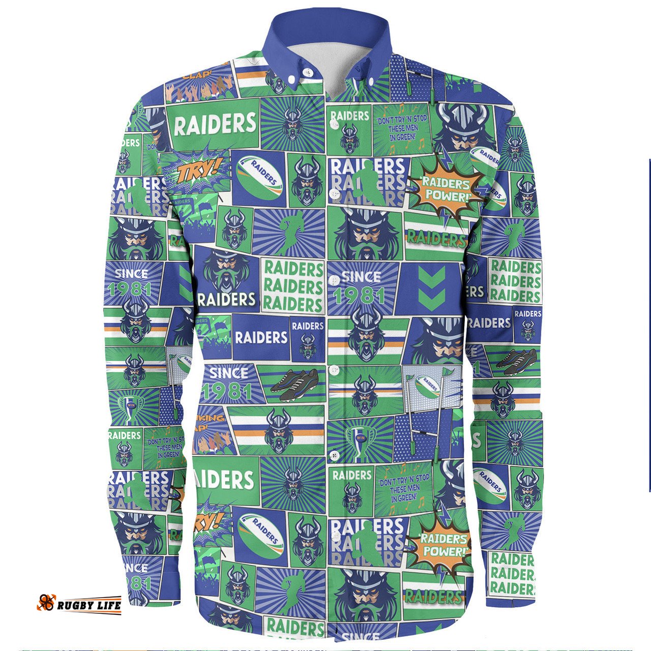 Canberra Raiders Long Sleeve Button Shirt - Team Of Us Die Hard Fan Supporters Comic Style