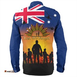Australia Long Sleeve Button Shirt Anzac Flag With Soldiers Sunset