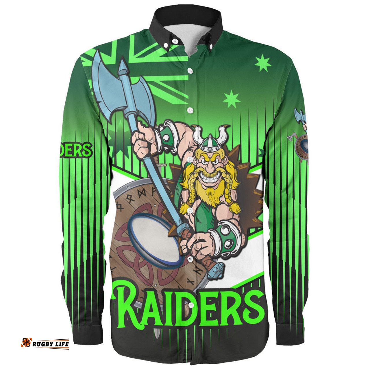 Canberra Raiders Long Sleeve Button Shirt - Canberra Raiders Mascot With Australia Flag
