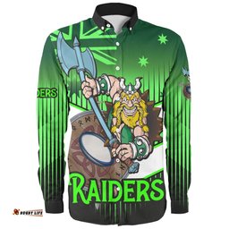 Canberra Raiders Long Sleeve Button Shirt - Canberra Raiders Mascot With Australia Flag