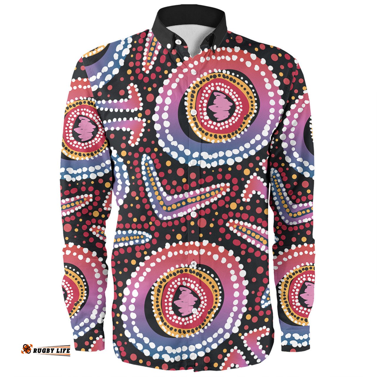 Australia Dot Painting Inspired Aboriginal Long Sleeve Button Shirt - Boomerang From Aboriginal Art Long Sleeve Button Shirt