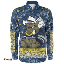 North Queensland Cowboys Custom Long Sleeve Button Shirt - Team With Dot And Star Patterns For Tough Fan Long Sleeve Button Shirt