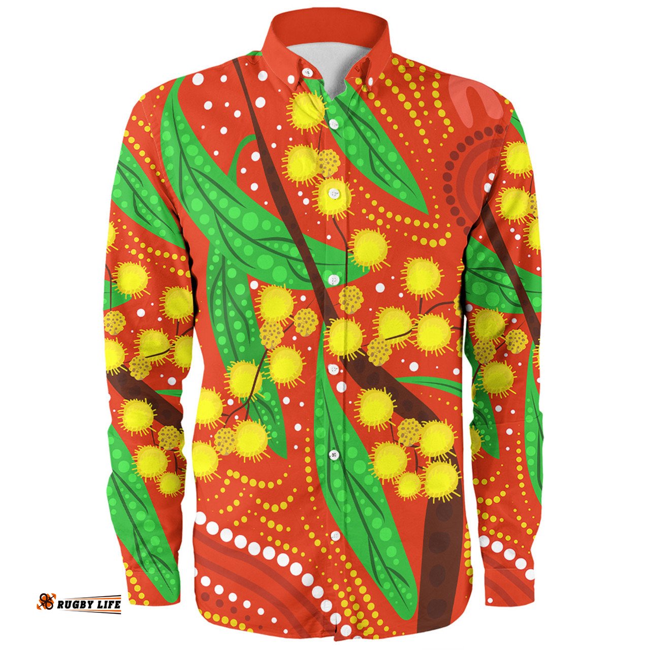 Australia Aboriginal Long Sleeve Button Shirt - Aboriginal Dot Art Of Australian Yellow Wattle Painting Long Sleeve Button Shirt