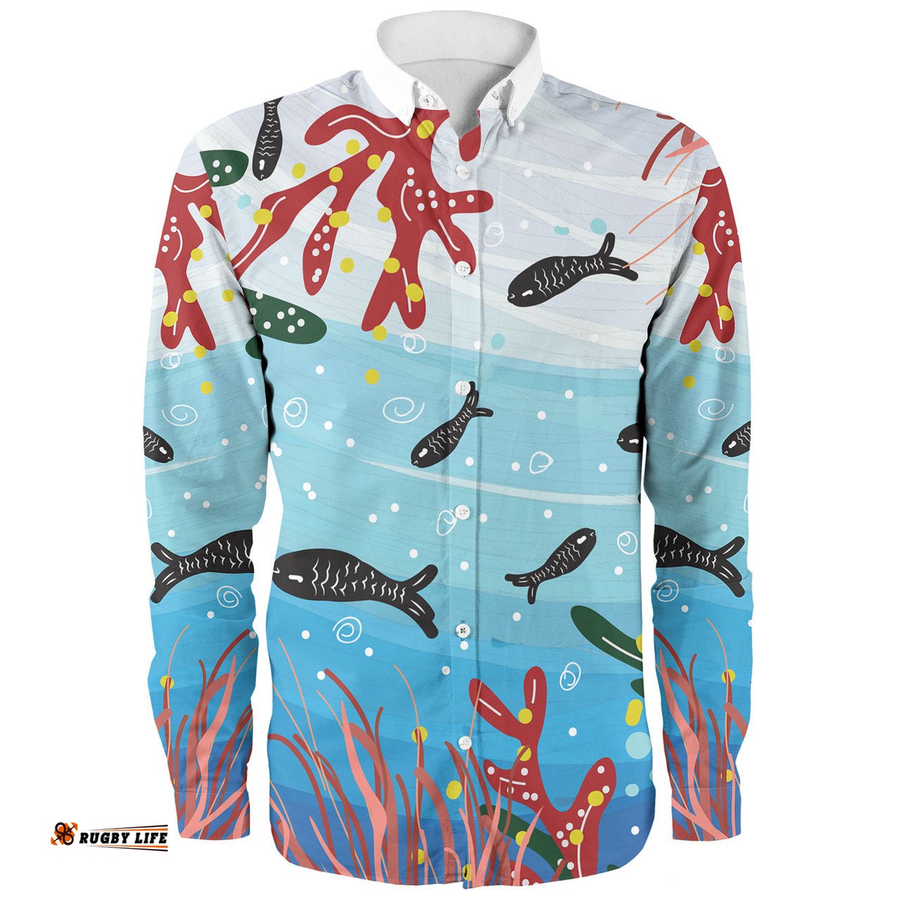 Australia Aboriginal Long Sleeve Button Shirts - Underwater Concept Aboriginal Art With Fish Long Sleeve Button Shirts