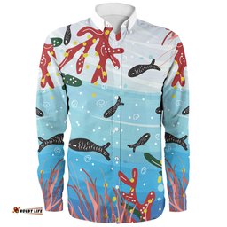 Australia Aboriginal Long Sleeve Button Shirts - Underwater Concept Aboriginal Art With Fish Long Sleeve Button Shirts