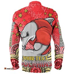 Redcliffe Dolphins Custom Long Sleeve Button Shirt - Custom With Aboriginal Inspired Style Of Dot Painting Patterns Long Sleeve Button Shirt