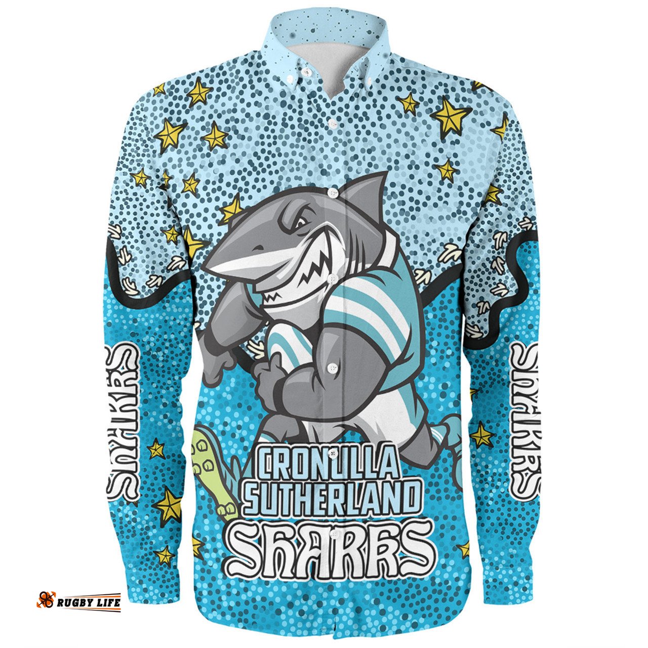 Cronulla-Sutherland Sharks Custom Long Sleeve Button Shirt - Team With Dot And Star Patterns For Tough Fan Long Sleeve Button Shirt