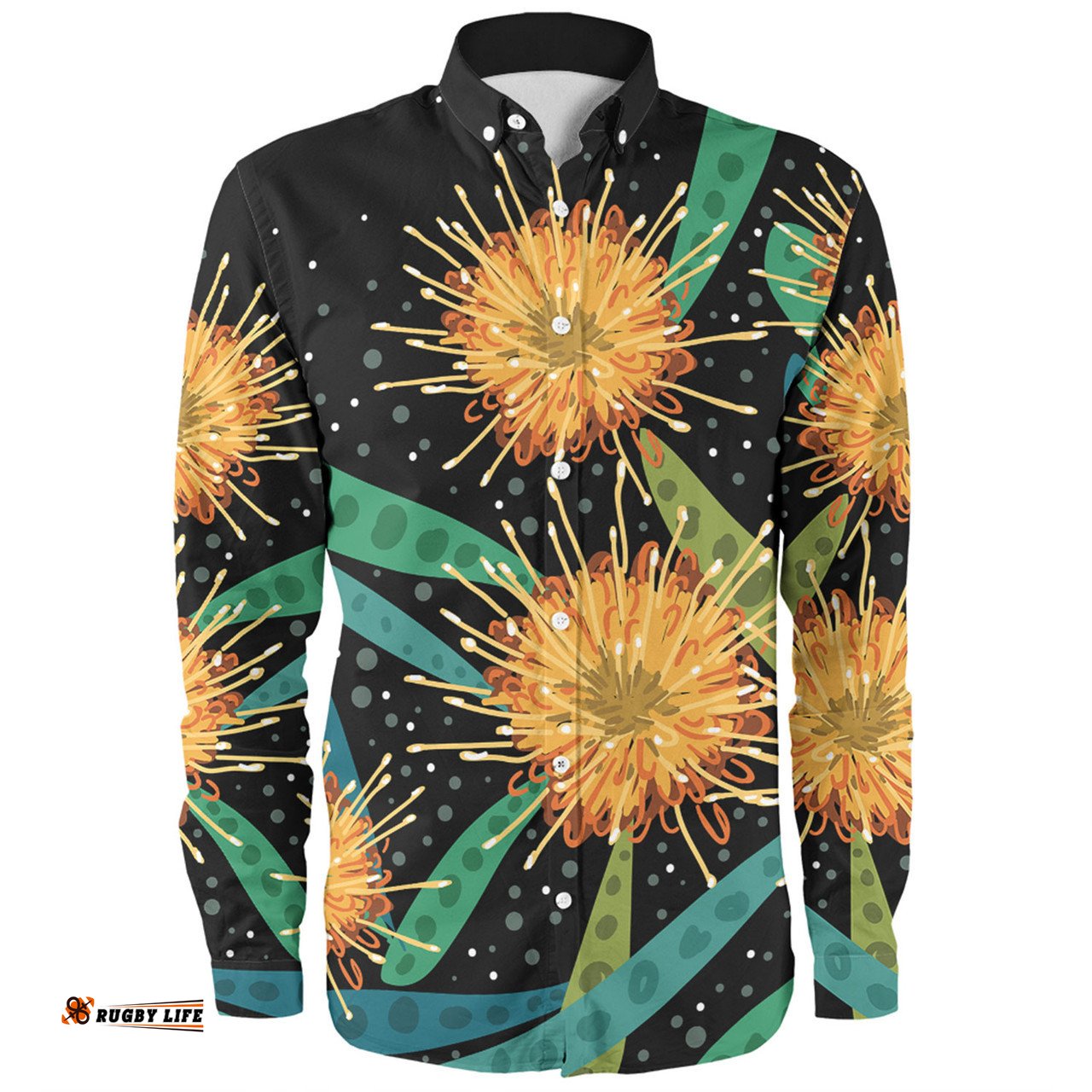 Australia Flowers Aboriginal Long Sleeve Button Shirt - Australian Yellow Hakea Flower Art Long Sleeve Button Shirt