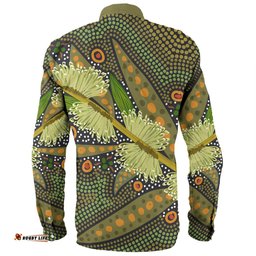 Australia Flowers Aboriginal Long Sleeve Button Shirt - Aboriginal Dot Art Of Australian Native Flower Hakea Sericea Long Sleeve Button Shirt