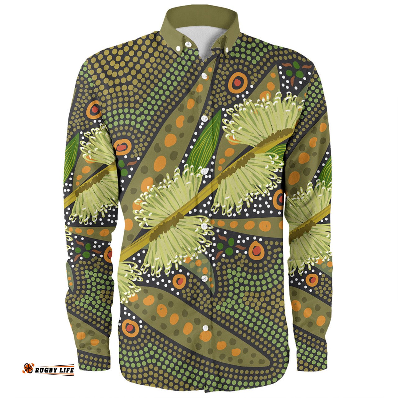 Australia Flowers Aboriginal Long Sleeve Button Shirt - Aboriginal Dot Art Of Australian Native Flower Hakea Sericea Long Sleeve Button Shirt