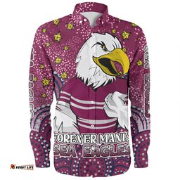 Manly Warringah Sea Eagles Custom Long Sleeve Button Shirt - Custom With Aboriginal Inspired Style Of Dot Painting Patterns Long Sleeve Button Shirt