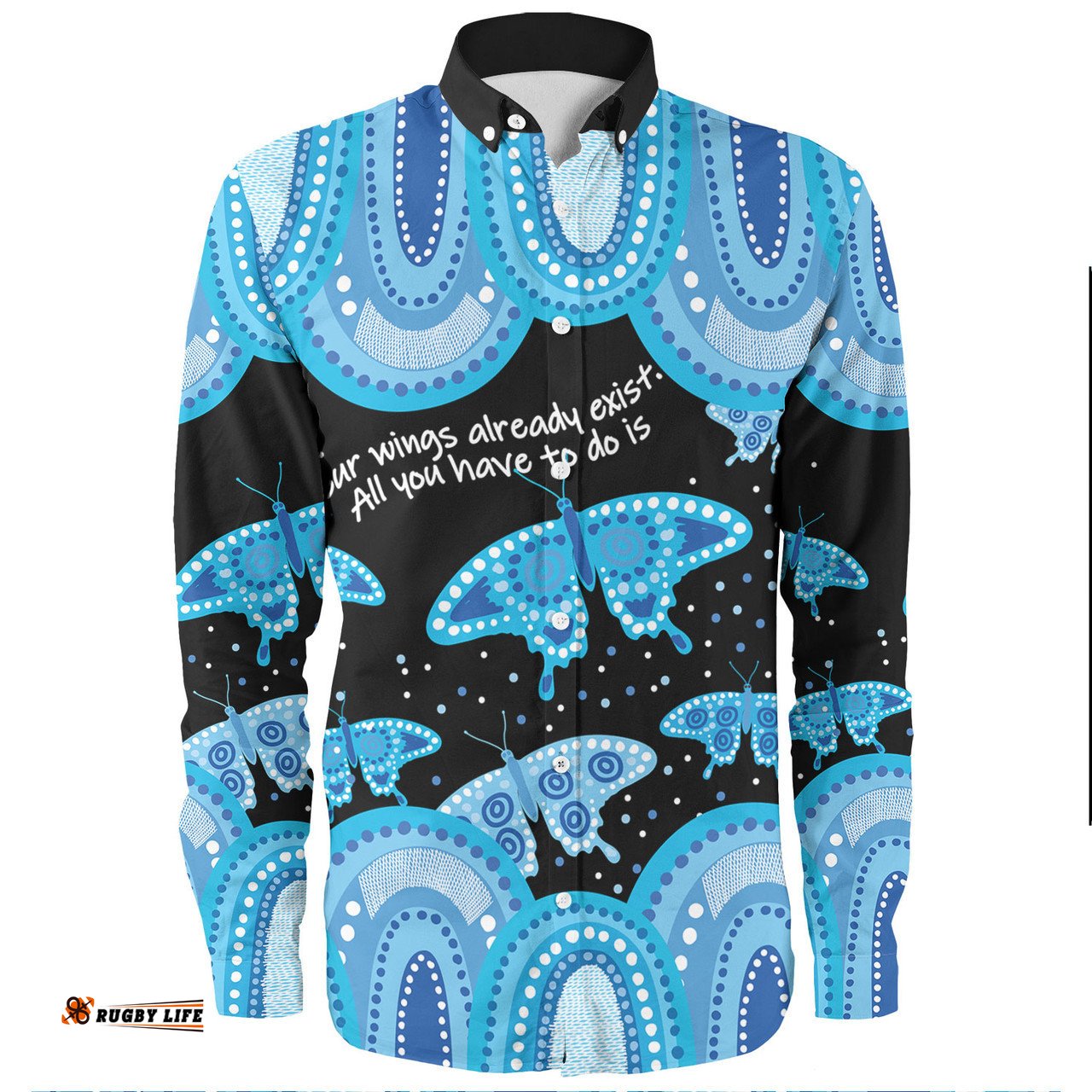 Australia Long Sleeve Button Shirt - Aboriginal Blue Butterflies Art Inspired