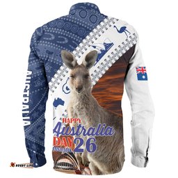 Australia Australia Day Custom Long Sleeve Button Shirt - Kangaroo Happy Australia Day Aboriginal Pattern Long Sleeve Button Shirt
