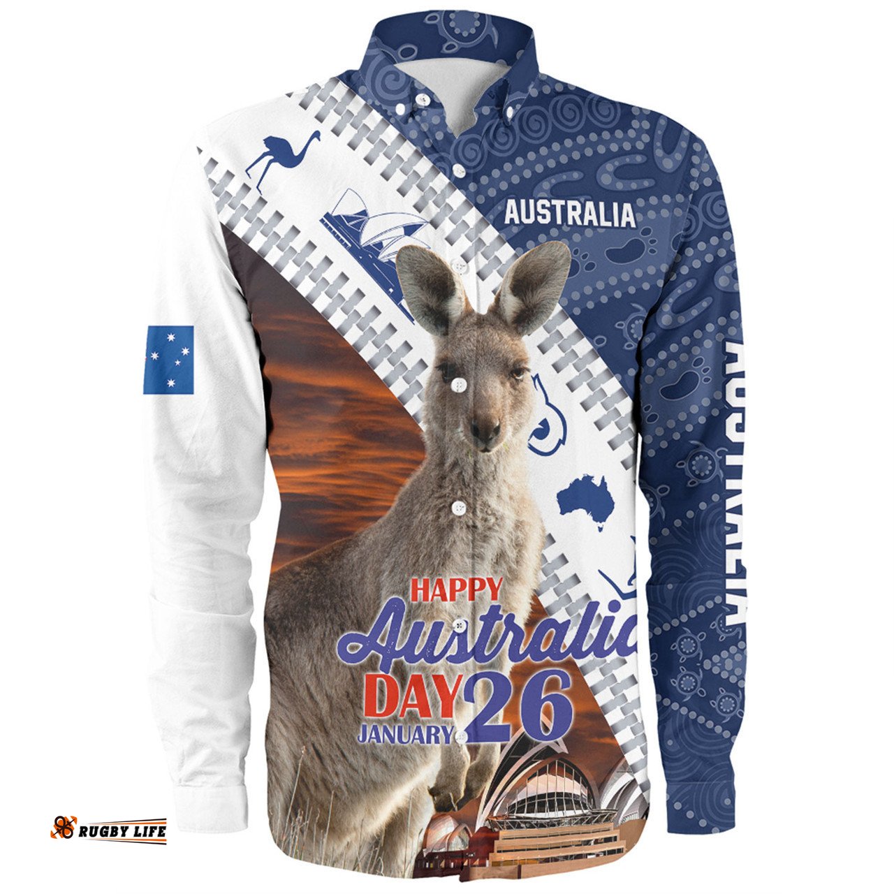 Australia Australia Day Custom Long Sleeve Button Shirt - Kangaroo Happy Australia Day Aboriginal Pattern Long Sleeve Button Shirt