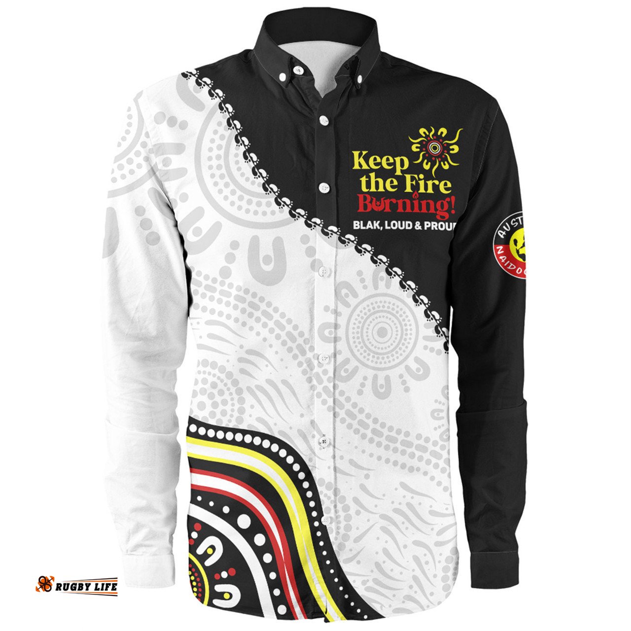 Australia Long Sleeve Button Shirt Naidoc Week Indigenous Culture Inspired Keep the Fire Burning! Blak, Loud and Proud