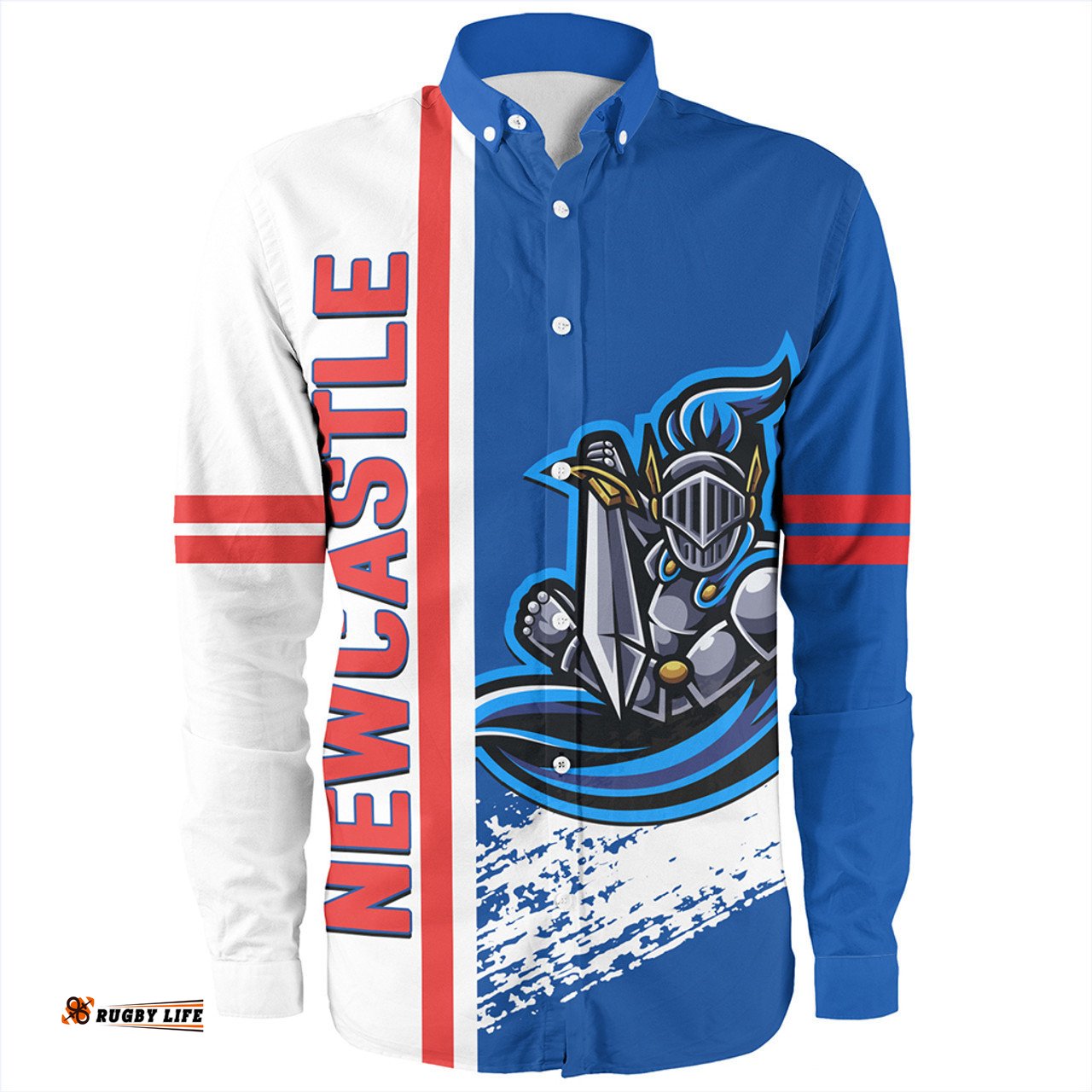 Newcastle Knights Sport Long Sleeve Button Shirt - Knights Mascot Quater Style