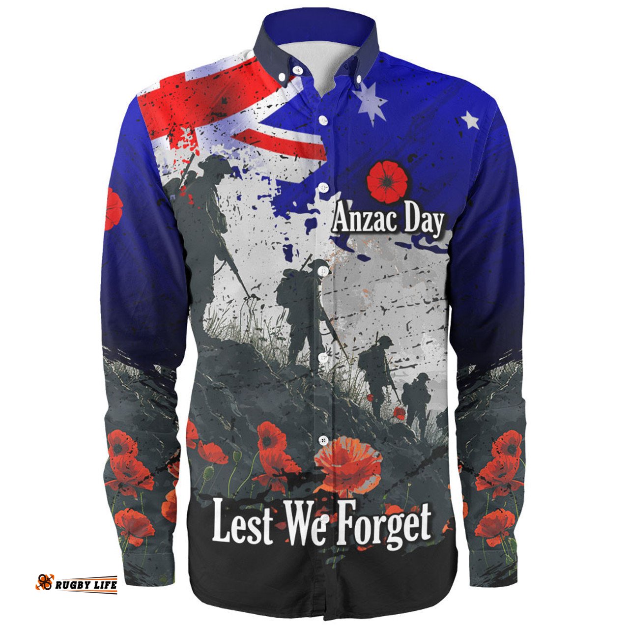 Australia Long Sleeve Button Shirt - Custom Anzac Day Soldiers With Australia Flag Grunge Style